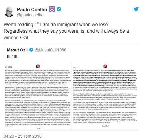 Ünlü yazar Paulo Coelho’dan Mesut Özil’e destek