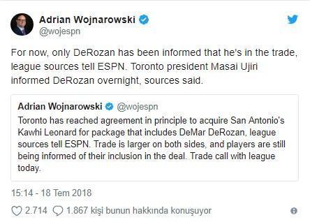 Kawhi Leonard, DeMar DeRozan karşılığında Raptorsın yolunu tuttu