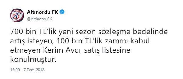 Altınordu, Kerim Avcıyı satış listesine koydu