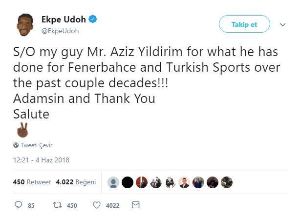 Ekpe Udohun Aziz Yıldırım tweeti olay oldu