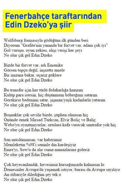 Fenerbahçe taraftarından Edin Dzeko şiiri