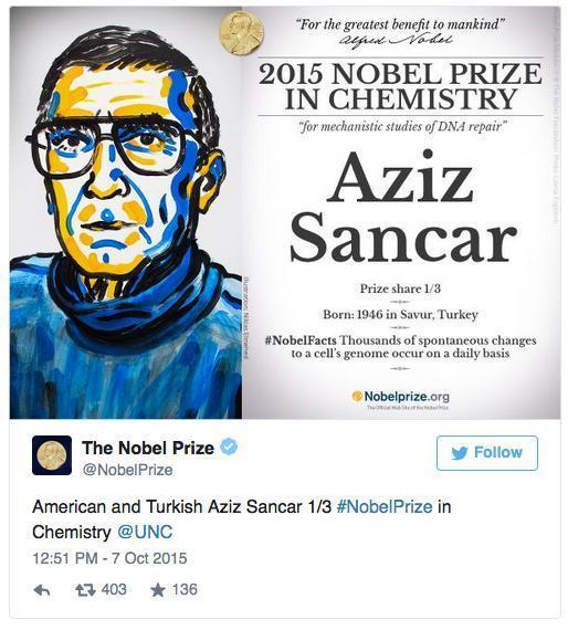 Aziz Sancar Nobel Kimya Ödülünü aldı