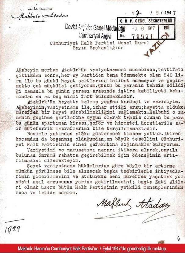 Atatürk’ün kardeşi Makbule Hanımdan CHP’ye mektup