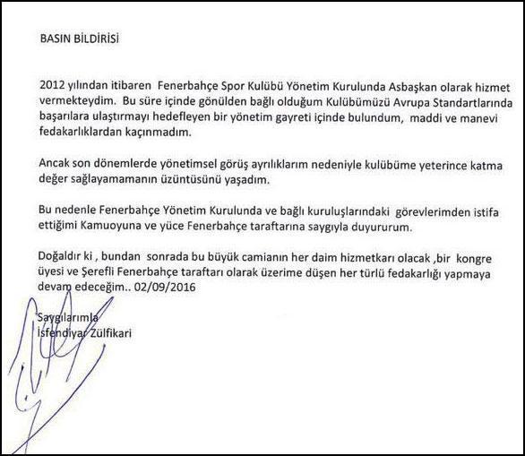 F.Bahçe yöneticisi İsfendiyar Zülfikari istifa etti