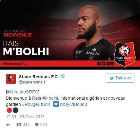 Antalyaspor kalecisi Rais MBolhi, Fransız ekibi Rennese transfer oldu