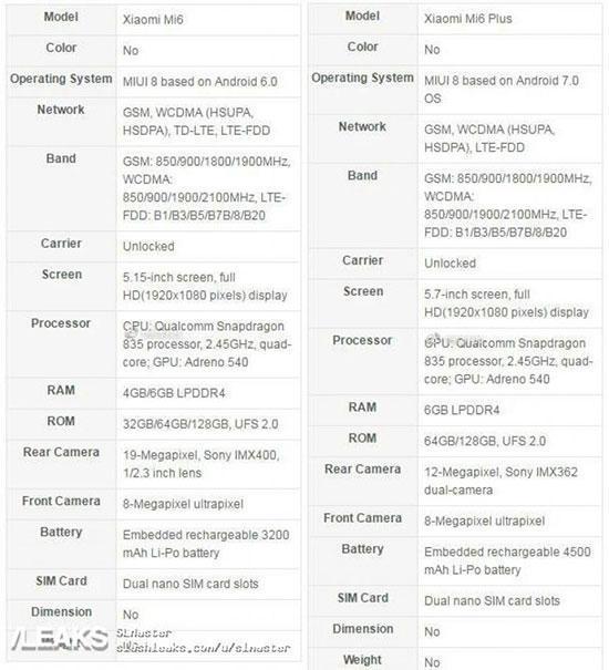 Xiaomi Mi 6 ve Mi 6 Plus’ın teknik özellikleri internete sızdı