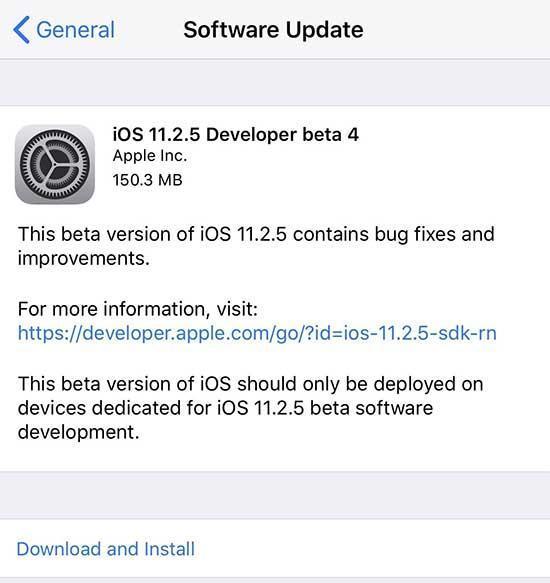 Apple, geliştiriciler için iOS 11.2.5 Beta 4 sürümünü yayınladı