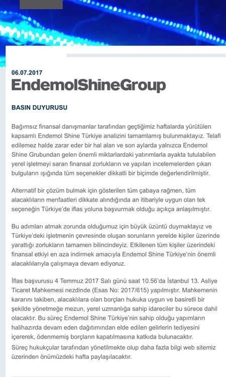 Endemol Shine Türkiye iflas ettiğini açıkladı