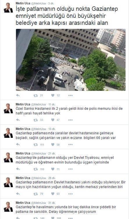 Metin Uca, Gaziantepteki patlamayı böyle duyurdu