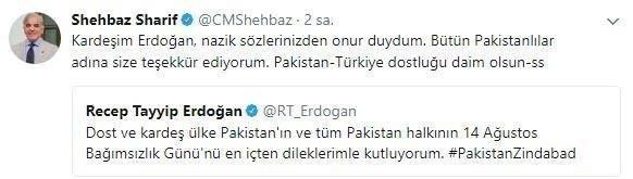 Pakistandan Erdoğana teşekkür mesajı