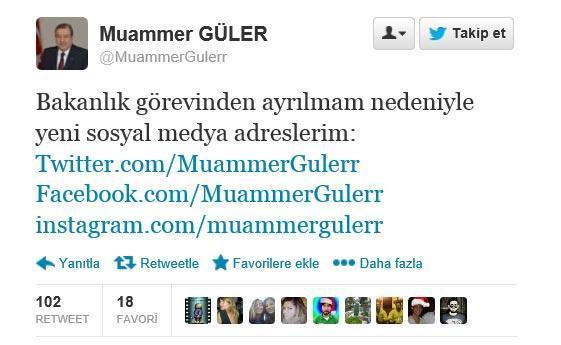 Bakan Gülerden Twitterda açıklama