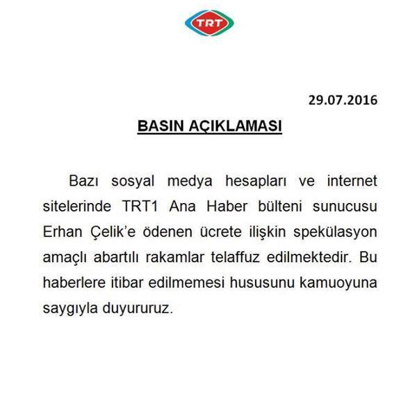 TRTden Erhan Çelik açıklaması