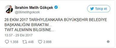Melih Gökçekten istifa sonrası ilk tweet