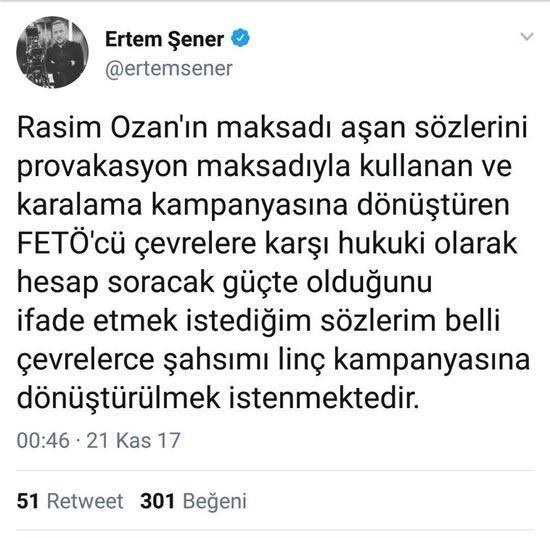 Ertem Şener attığı o tweeti sildi