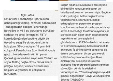 Zeynep Tandoğan, FBTVden ayrıldı