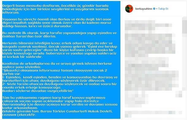 Berkaydan açıklama: Eşimden ve Aslıhan Turandan özür dilerim