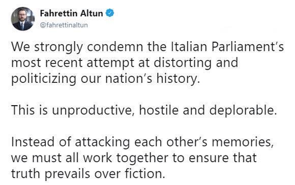 İtalyan meclisi sözde Ermeni soykırımını kabul etti Türkiye’den skandal karara sert tepki: Düşmanca yaklaşım
