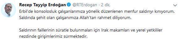 Son dakika: Cumhurbaşkanı Erdoğandan Erbildeki saldırıya ilişkin açıklama