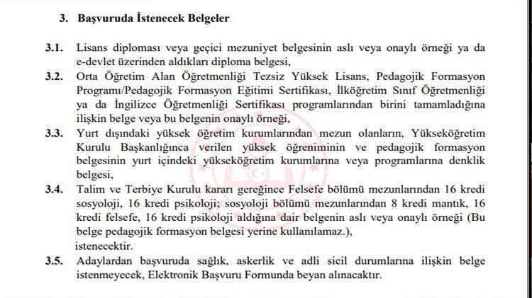 SÖZLEŞMELİ ÖĞRETMEN BAŞVURUSUNDA İSTENİLEN BELGELER