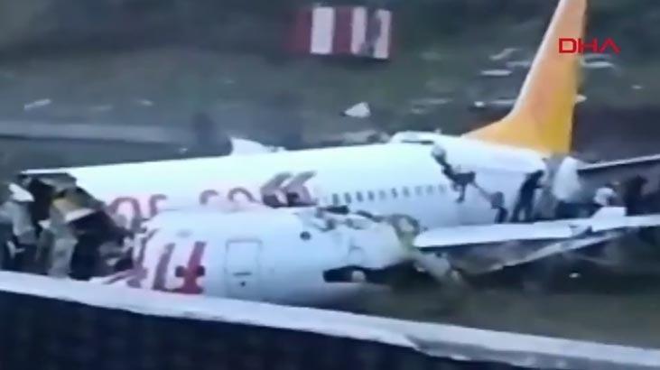 Son dakika | Sabiha Gökçende pistten çıkan Pegasus uçağı 3e bölündü ilk görüntüler
