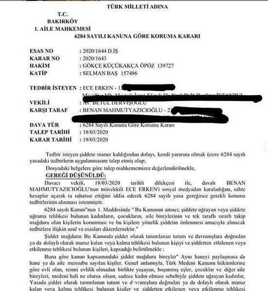 Ece Erken, Benan Mahmutyazcıoğlu hakkında uzaklaştırma kararı aldırdı