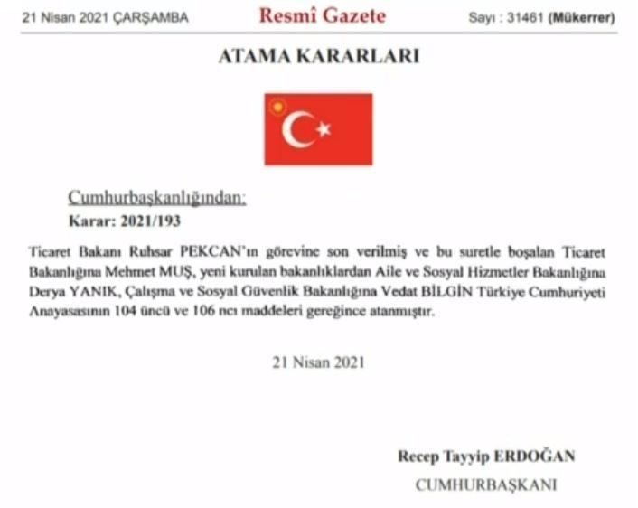 Resmi gazetede şu ifadelere yer verildi: