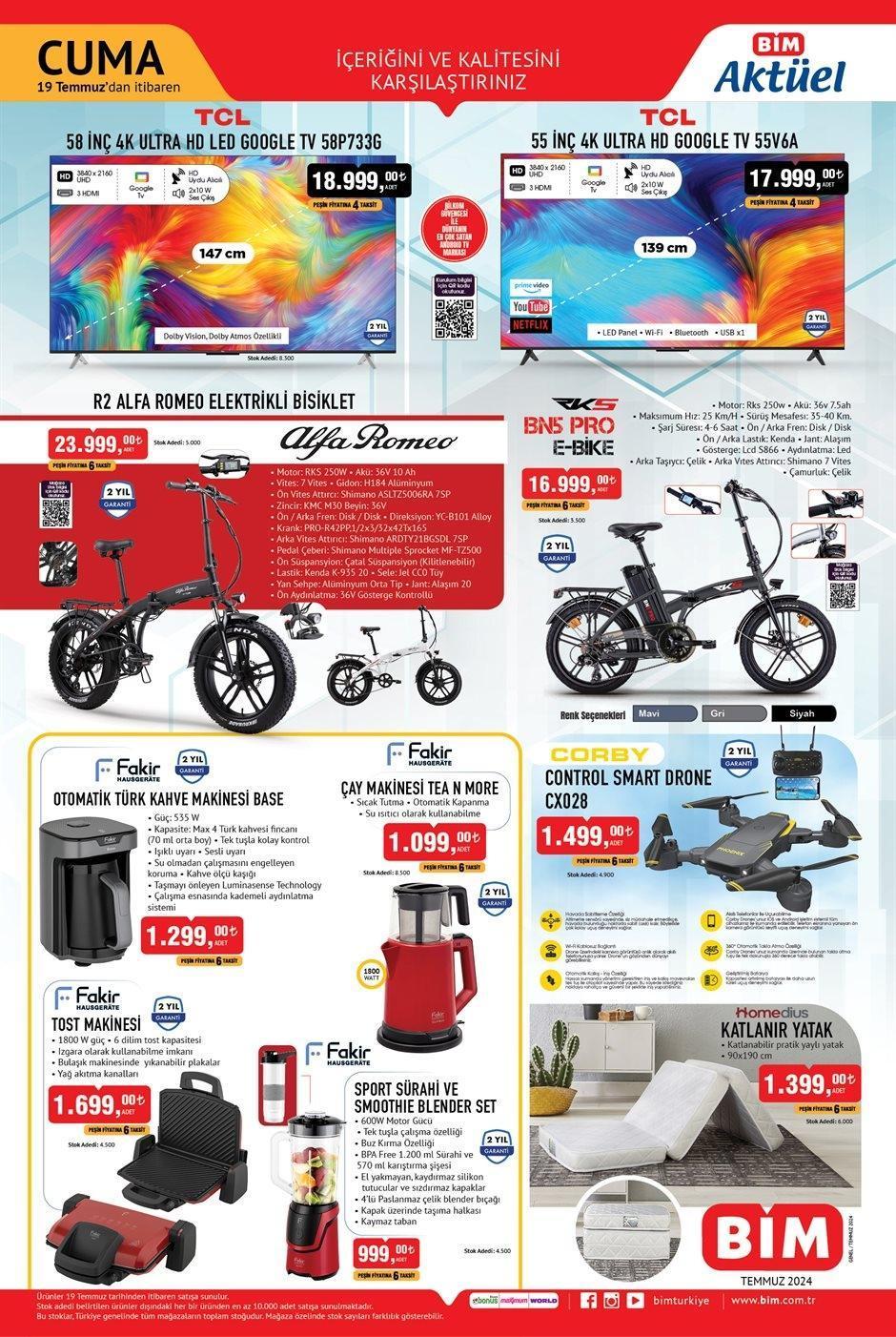 BUGÜN SATIŞTA 💥 BİM 19 TEMMUZ CUMA aktüel kataloğunda bu hafta hangi ürünler var Şişme Bot, Katlanır Şezlong, Drone, Elektrikli Bisiklet...
