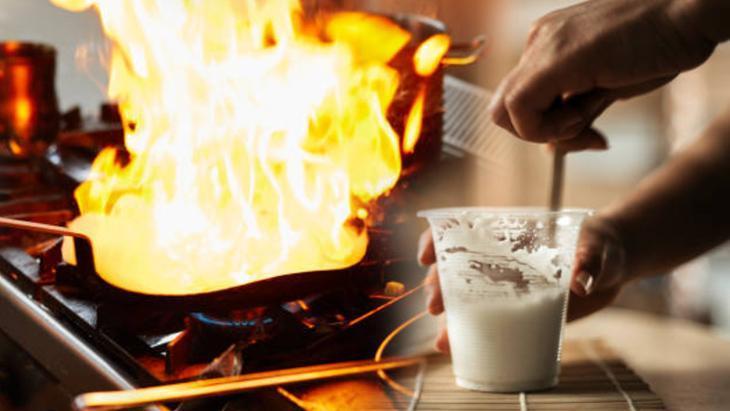 Tencerede alev alan yağ her yere sıçrar Su dökmek hayati hata, çözüm beyaz tozda