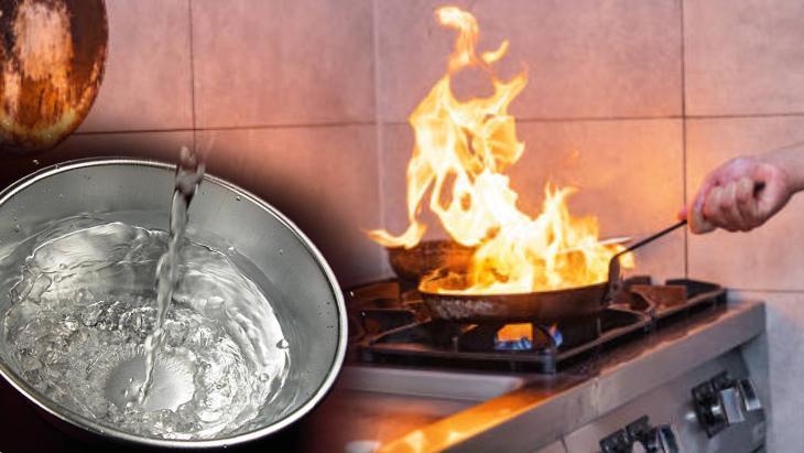 Tencerede alev alan yağ her yere sıçrar Su dökmek hayati hata, çözüm beyaz tozda