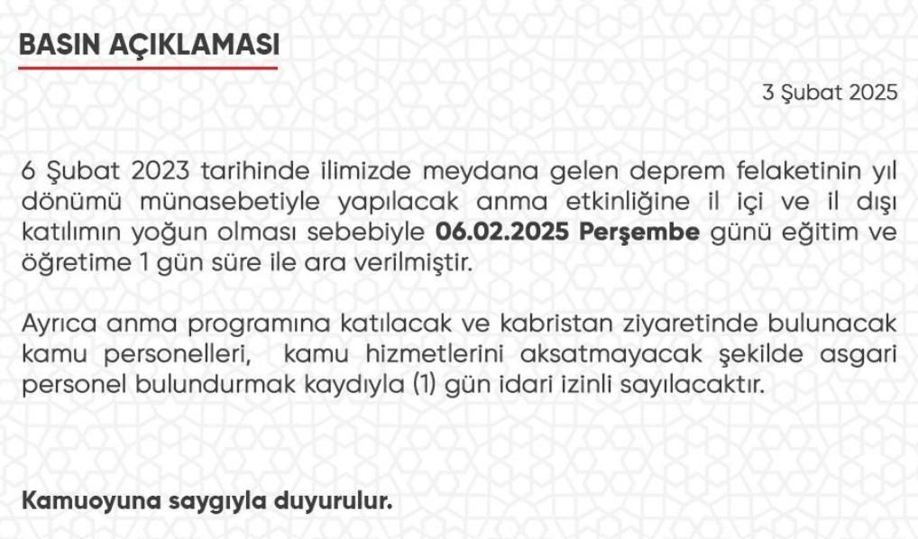 HATAY VALİLİĞİNDEN AÇIKLAMA