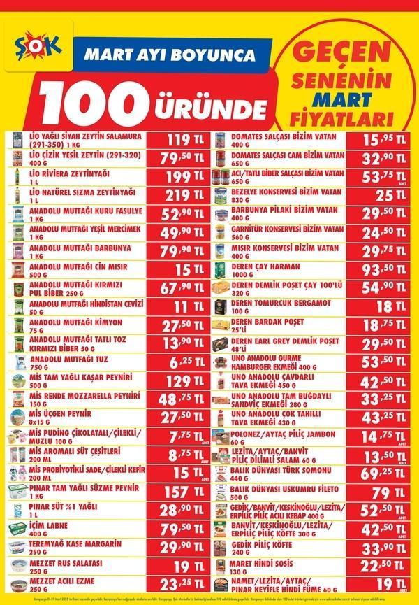 ŞOK 100 ÜRÜNDE GEÇERLİ GEÇEN SENENİN MART AYI FİYATLARI KAMPANYASI