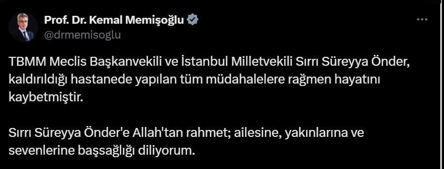 SAĞLIK BAKANI MEMİŞOĞLU'NDAN TAZİYE MESAJI SAĞLIK BAKANI MEMİŞOĞLU'NDAN TAZİYE MESAJI