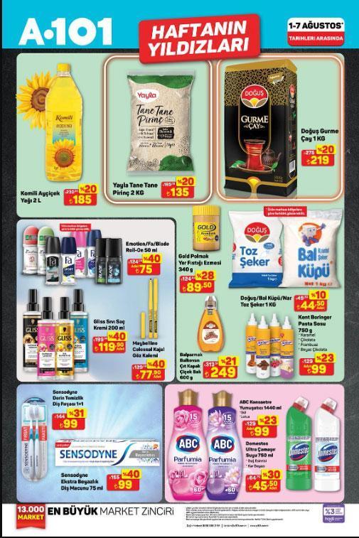 YEPYENİ A101 AKTÜEL KATALOĞU (1-7 AĞUSTOS) A101 Haftanın Yıldızları aktüel kataloğunda bu hafta hangi ürünler satışa sunuldu Çay, Ayçiçek Yağı, Kaşar Peyniri, Roll-On, Saç Kremi, Yumuşatıcı...