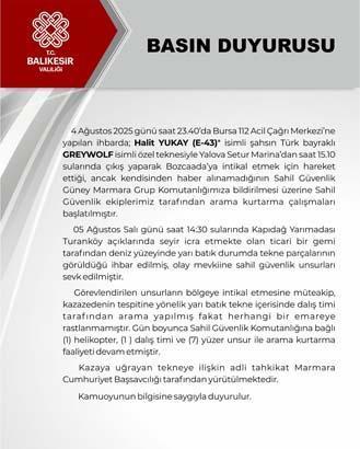 Sahil güvenlik Graywolfun izinde Marmara Adası açıklarında kaybolan Halit Yukayı arama çalışmaları sürüyor