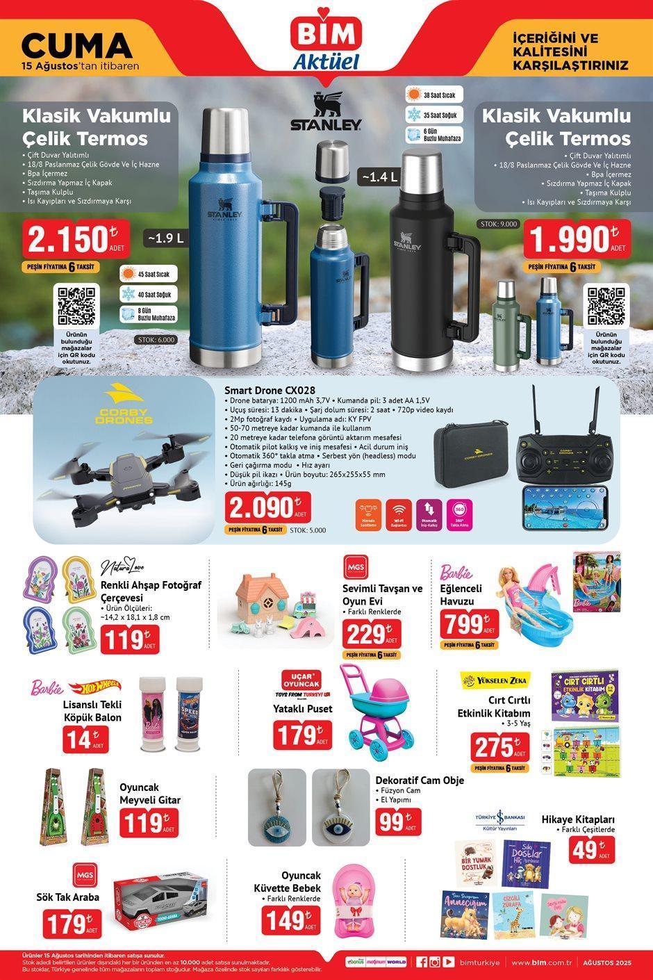 SATIŞA ÇIKTI BİM AKTÜEL 12 AĞUSTOS 2025 KATALOĞU: BİMde bu hafta salı ve cuma neler var BİM 12-15 Ağustos katalog indirimleri: Stanley Termos, Ankastre Set, Drone geliyor