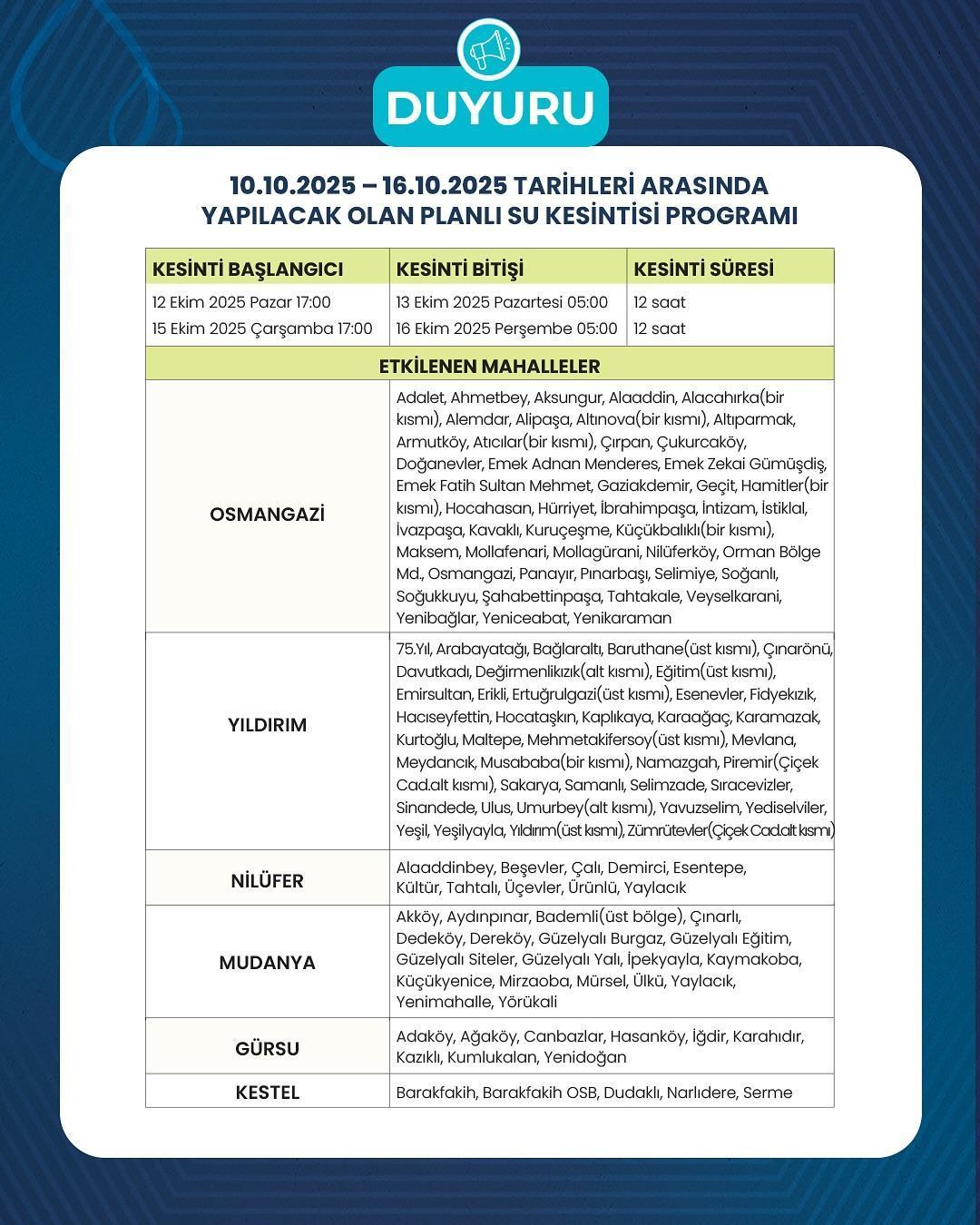 BURSA SU KESİNTİSİ OLAN İLÇELER LİSTESİ: 14 Ekim 2025 Salı bugünkü en güncel BUSKİ 12 saatlik su kesintisi ile Bursada sular ne zaman, saat kaçta gelecek BURSA SU KESİNTİSİ OLAN İLÇELER LİSTESİ: 14 Ekim 2025 Salı bugünkü en güncel BUSKİ 12 saatlik su kesintisi ile Bursada sular ne zaman, saat kaçta gelecek