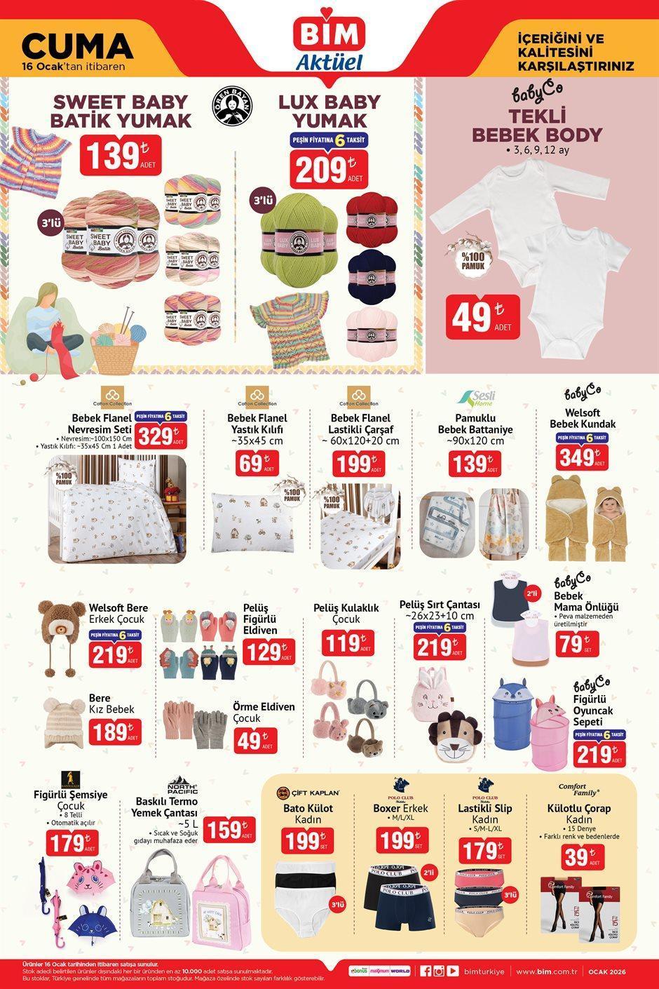 BİM MARKET 16 OCAK CUMA AKTÜEL KATALOG İNDİRİMLERİ | BİM 16 Ocak Cuma aktüel kataloğunda hangi ürünler satışa çıkacak Bebek Kundak, Pelüş Kulaklık, Örme Eldiven, Baskılı Termo Yemek Çantası, Yumak Çeşitleri...