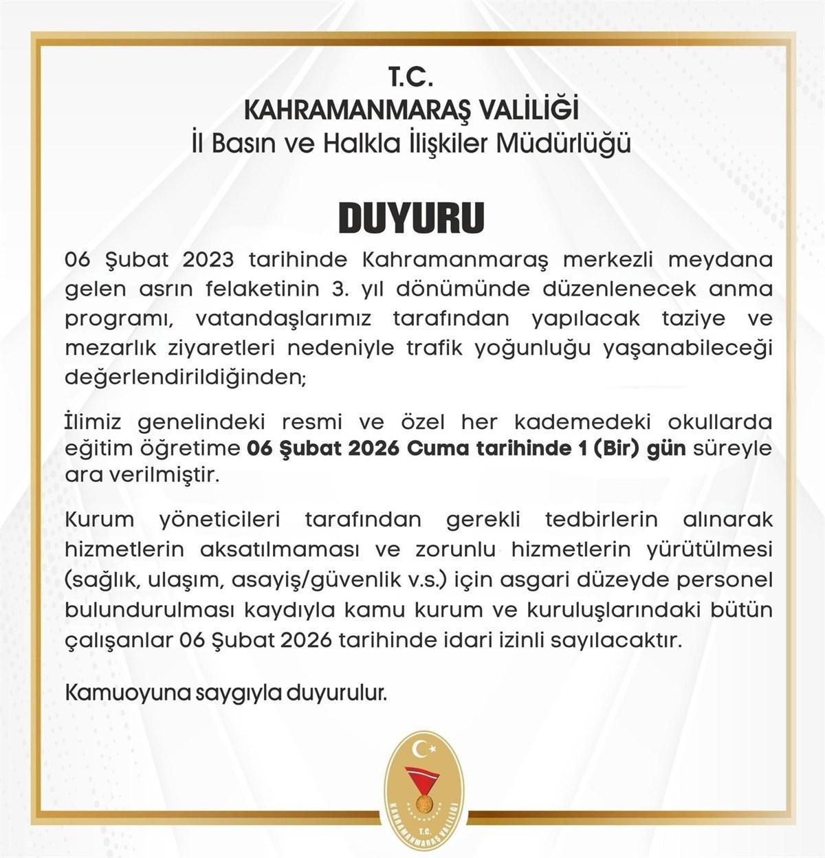 KAHRAMANMARAŞ VALİLİĞİ DUYURDU