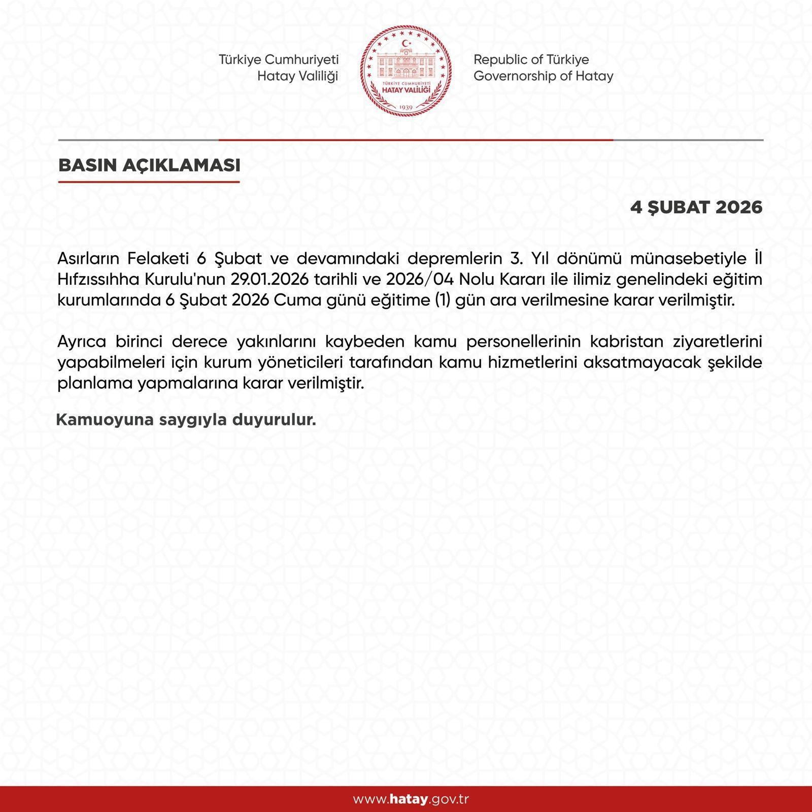 HATAY VALİLİĞİ DUYURDU