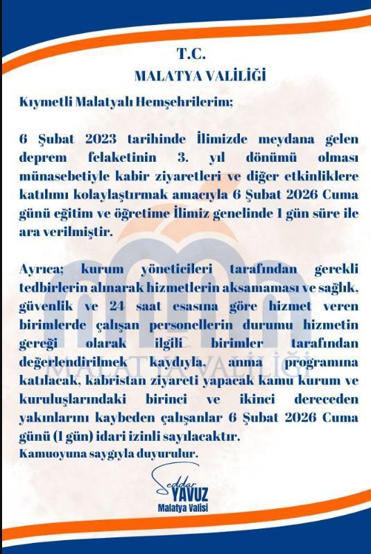 MALATYA VALİLİĞİNDEN AÇIKLAMA