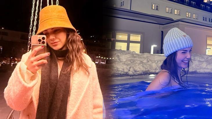 Yağmur Tanrısevsinin İsviçre kaçamağı Alp Dağlarında havuza girdi