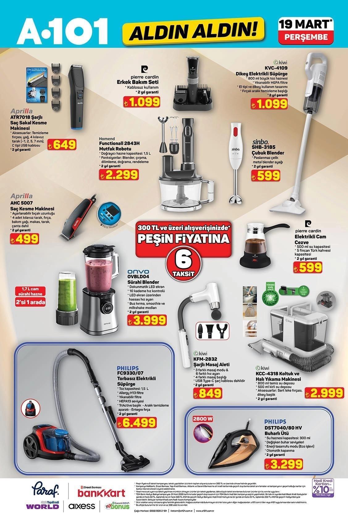 YEPYENİ A101 AKTÜEL KATALOGLARI | 19 Mart A101 Aldın Aldın aktüel kataloğunda bu hafta hangi ürünler satışa sunulacak Elektrikli Cam Cezve, Toz Torbasız Süpürge, Saç Kesme Makinesi, Mutfak Robotu...