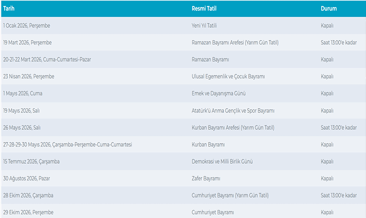 BORSA İSTANBULUN RESMİ TATİLLER TAKVİMİ 2026