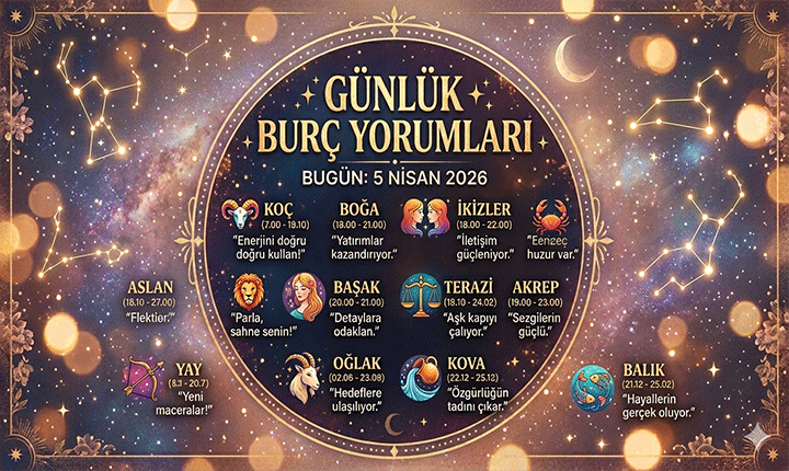 BURÇLAR ⭐ Günlük Burç Yorumları 5 Nisan 2026: Bugün hangi burç şanslı, hangi burç şanssız Koçtan, Balık burcuna kadar günlük burç yorumu BURÇLAR ⭐ Günlük Burç Yorumları 5 Nisan 2026: Bugün hangi burç şanslı, hangi burç şanssız Koçtan, Balık burcuna kadar günlük burç yorumu
