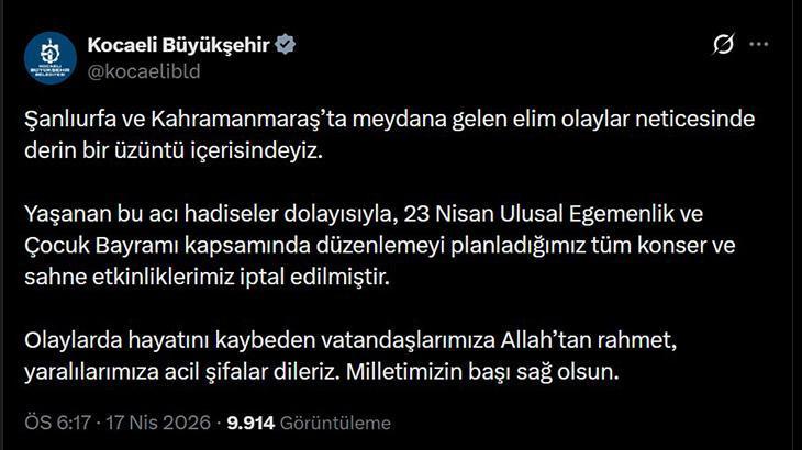 KOCAELİ BELEDİYESİ KONSER VE SAHNE ETKİNLİKLERİNİ İPTAL ETTİ