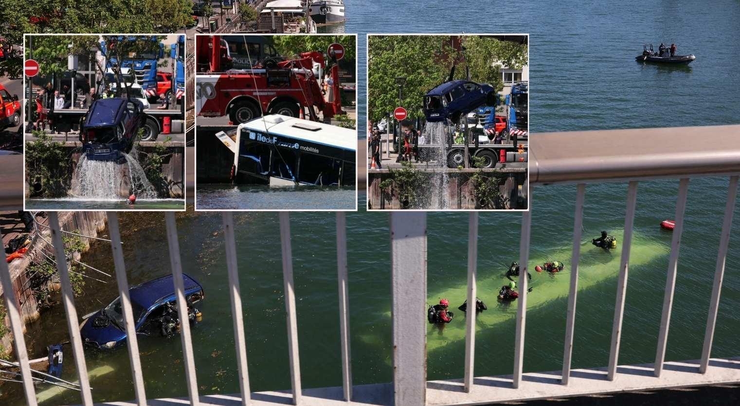 Fransa'da yolcu otobüsü ve bir araç nehre düştü! Can pazarından çarpıcı görüntüler ortaya çıktı