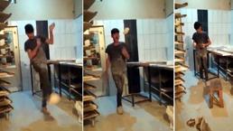 Fırında skandal görüntü! Hamurla top gibi oynadı