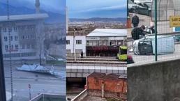 Şiddetli rüzgar hayatı felç etti: Çatı ve tabela uçtu, araç devrildi