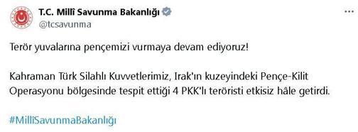 MSB: Irak'ın kuzeyinde 4 terörist etkisiz hale getirildi