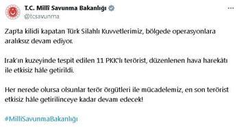 MSB: Irak'ın kuzeyinde 11 terörist etkisiz hale getirildi